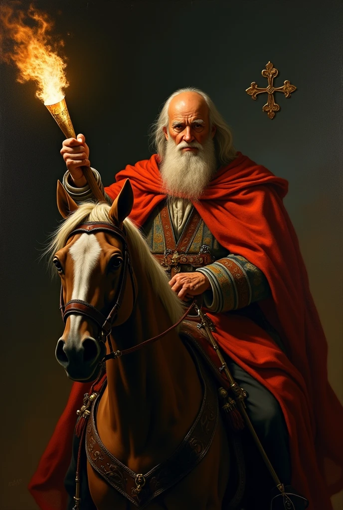 masterpiece, realist, old painting, Renaissance style, visual impact, high contrast, black dark background, (Miguel Hidalgo) hero of Mexico's independence, man with white hair and bald, on a beautiful horse, and shocking look, holding a torch,and a standard of the virgin,(the noble priest), ,Traces of war are visible,, high quality, lights and shadows rembrant style, tenebrismo, Caravaggio, (the priest Miguel Hidalgo) very contrasting shadows, a lot of black, muy high contrast,