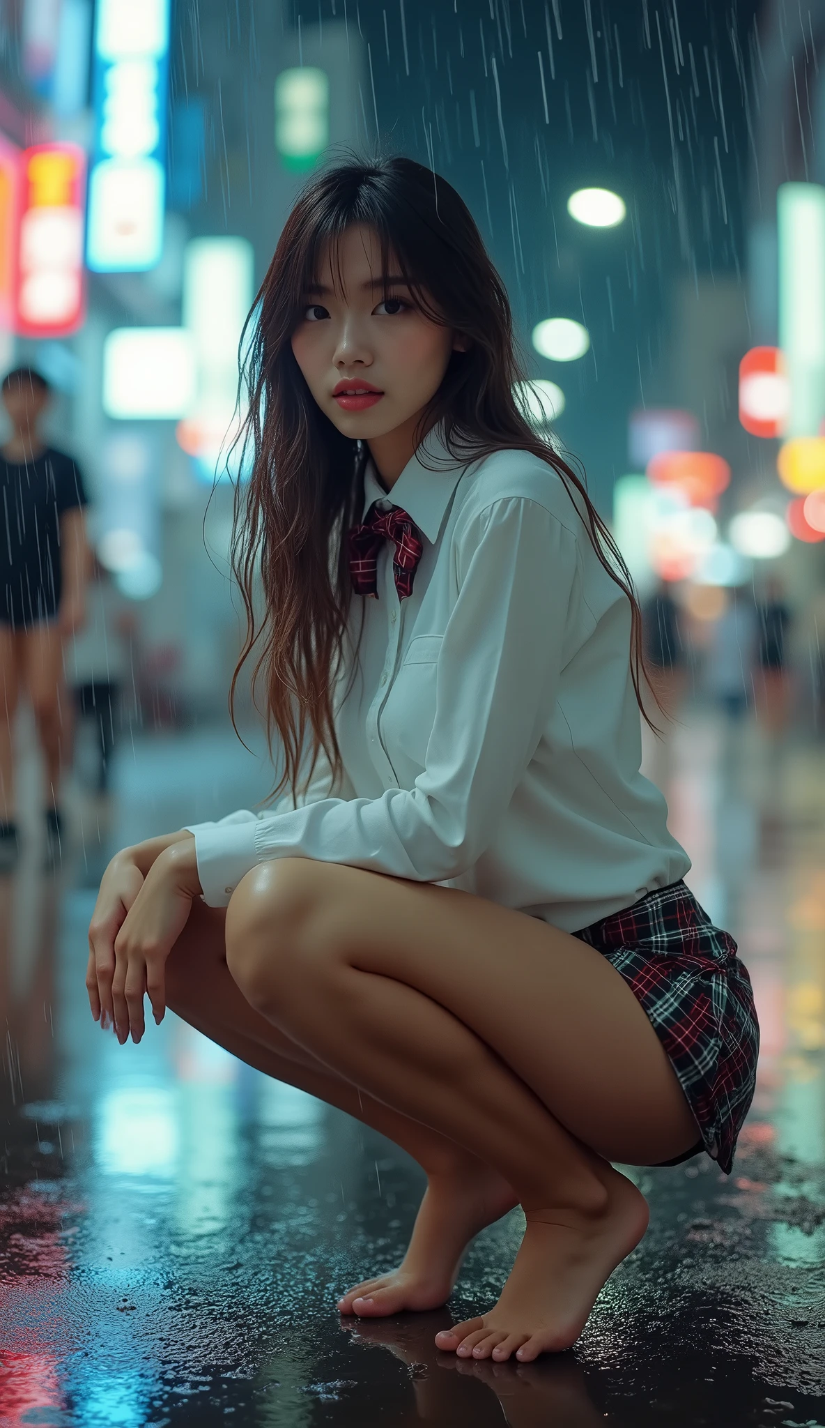 (Highest quality、8k、High resolution、masterpiece:1.2)、Young and beautiful woman、(Correct Anatomy)、(Spread your legs and show me your crotch)、(Squat)、(Excited expression)、(White shirt、A bow tie、tartan mini skirt、White panties:1.3)、(heavy rain:1.7)、(Motion Blur Effect:1.55)、(Wet body:1.55)、Busy street at night、neon、(Looking into the camera)、
