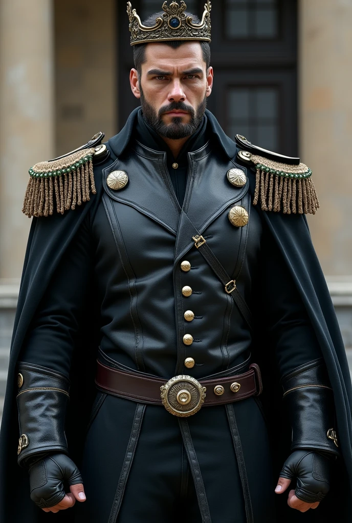 (Best quality at best,Photorealistic) ( Peitoral extremamente generosos)big massivea huge pecs,(dark,feels) hot Wizard Young person, One guy,detailed black eyes, French-German man in uniform standing in front of building, in full military garb, in a soldier uniform, Inspired by tom of finland, couro preto , eslastic uniform,, in a soldier uniform, Court Costume Akira, in a soldier uniform, Imperial team, in a soldier uniform Black cloak , crown in your Head Wearing imperial equipment, Wearing a cop's uniform, Inspired by Oka Yasuyu, Italian man wearing old samurai uniform，，。dark skin., （（Very relaxed and lazy look！））, （（Unintentionally exposing chest muscles））Handsome male, Handsome chad chin, Handsome and attractive, Handsome and elegant, Handsome man, Sexy masculine, masculine and Handsome, , Handsome, Attractive posing, attractive male, Attractive man,40-year-old man！Lift your little head，Kominan wearing an army coat（closeup portrait！)）showing off his hairy pecs。（Show hairy chest muscles），），(Use a short beard collar），Wear a military uniform and wear one without buttons！Show hairy chest muscles），)，(Use a short beard collar，）headspace！Charming and serious look，（Handsome man，sitting down，poorly dressed，Perfect body anatomy，Beautiful man face detail，perfect foot，perfect hand！Ultra-low angle shooting！！