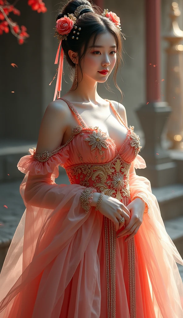 Chinese girl with coins gold , thick body, curvy body, curvy waist, big breast, white skin, gorgeous costumes embroidered with intricate embroidery, flowing tulle, transparent long colorful ribbons tied on the arms, inspired by cinderella, showing navel, bare shoulders, bare neck, bare waist, hair in a high bun with flower hairpins, ribbons on arm rings, wreaths, bracelets, anklets, high heels, metal chain tassels on the waist, Mogao Grottoes art, ink painting, cgstation pop, in the night castle, ((fullbody)), ((super realistic))