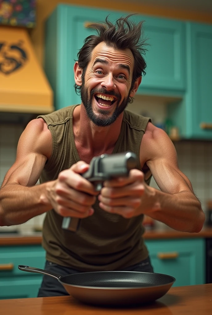 A skinny man gripping a frying pan like a firearm, dynamic pose, humorous expression, vibrant colors, realistic image of man ,exaggerated features --s 100 --ar 1:1 --no text