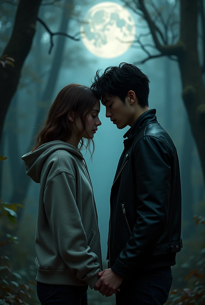 A brown-haired teenager wearing a hooded sweatshirt.
A man with black hair and serious features wearing a black leather jacket holding hands facing each other in a dark forest just the two of them with the full moon in the background