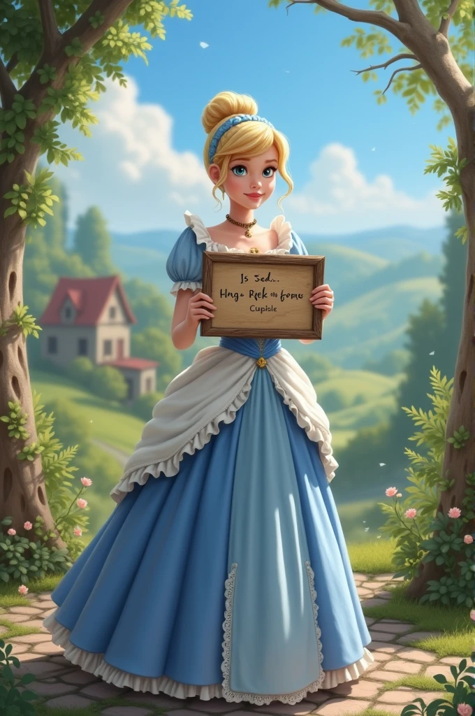 Cinderella holding a sign