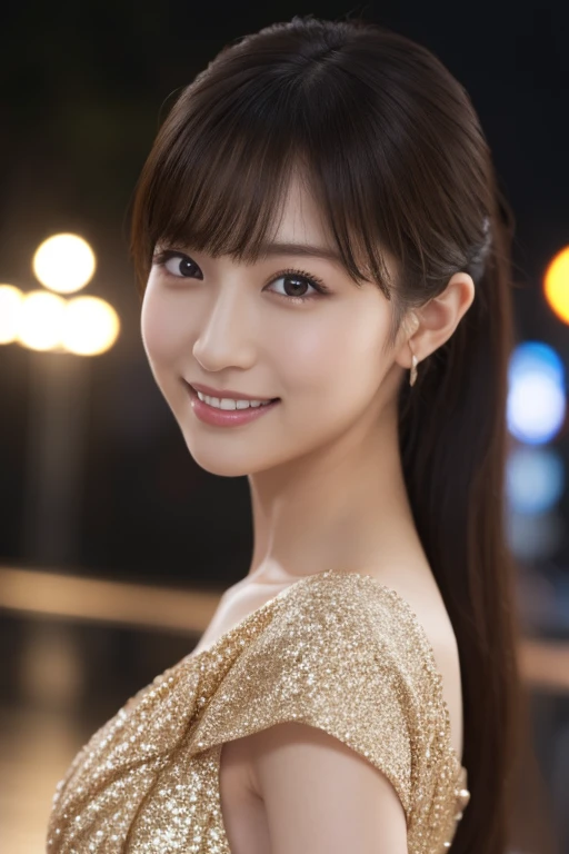 One Girl, (wearing a glitter 旗袍 dress:1.2), (RAW Photos, highest quality), (Realistic, Photorealistic:1.4), Tabletop, Very delicate and beautiful, Very detailed, 2k wallpaper, wonderful, In detail, Very detailed CG Unity 8k wallpaper, Very detailedな, High resolution, Soft Light, Beautiful detailed girl, Very detailedな目と顔, Beautifully detailed nose, Beautiful fine details, Cinema Lighting, City lights at night, Amazing illumination, Perfect Anatomy, Slender body, small, smile