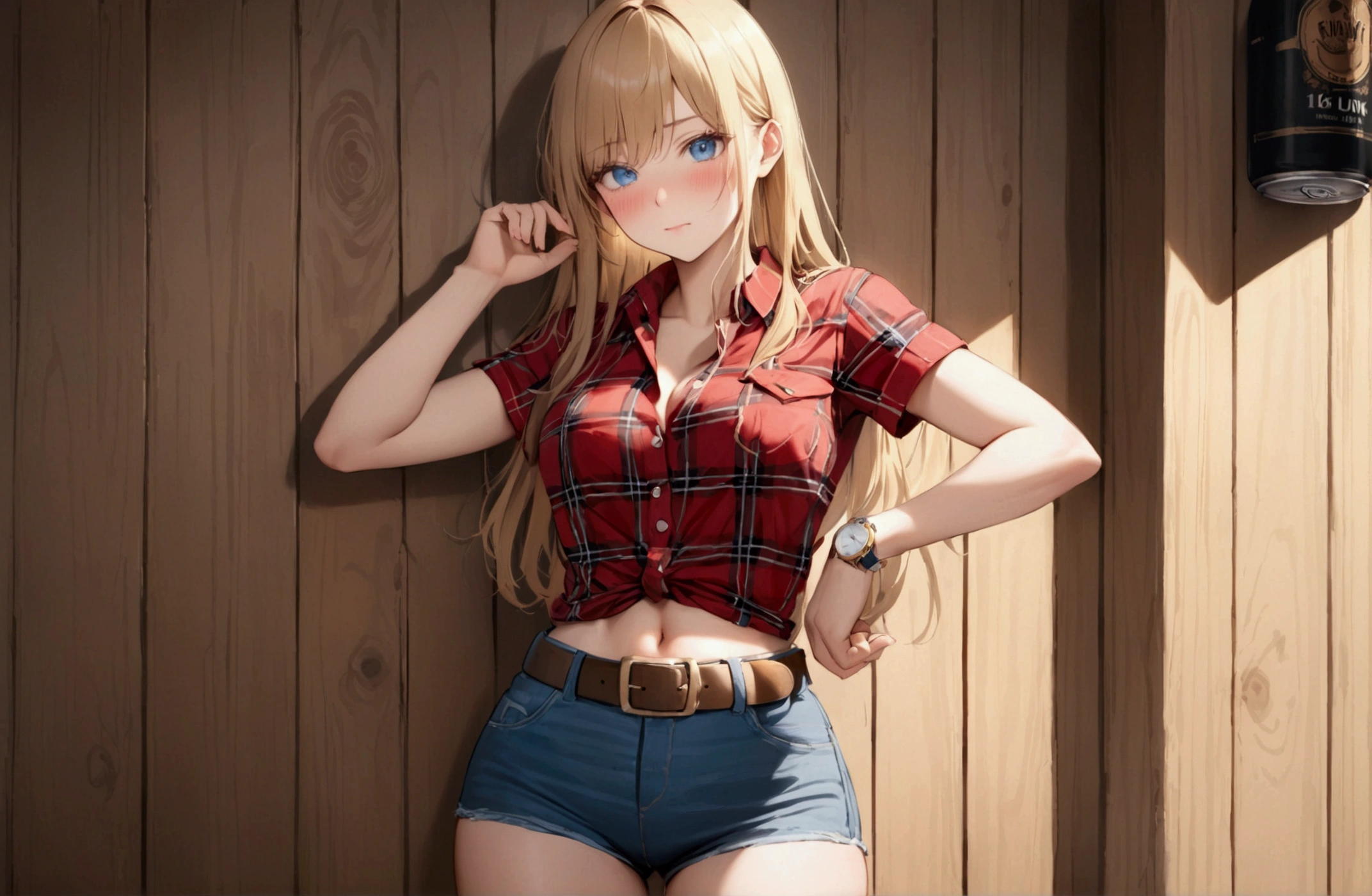 Woman with long blonde hair, blue eyes, Athletic build, Red plaid tight short sleeve collared cowgirl shirt, Watch on wrist, Navel exposed, Denim hot pants, Brown belt with oval buckle,Blushed face, Strong drunk,Embarrassing,In front of a wooden wall,can of beer,Front view,Cowboy Shot,16K, Highest quality, masterpiece, Realistic, detailed