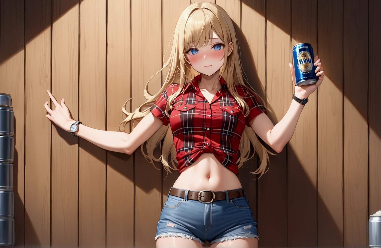 Woman with long blonde hair, blue eyes, Athletic build, Red plaid tight short sleeve collared cowgirl shirt, Watch on wrist, Navel exposed, Denim hot pants, Brown belt with oval buckle,Blushed face, Strong drunk,Embarrassing,In front of a wooden wall,can of beer,Front view,Cowboy Shot,16K, Highest quality, masterpiece, Realistic, detailed