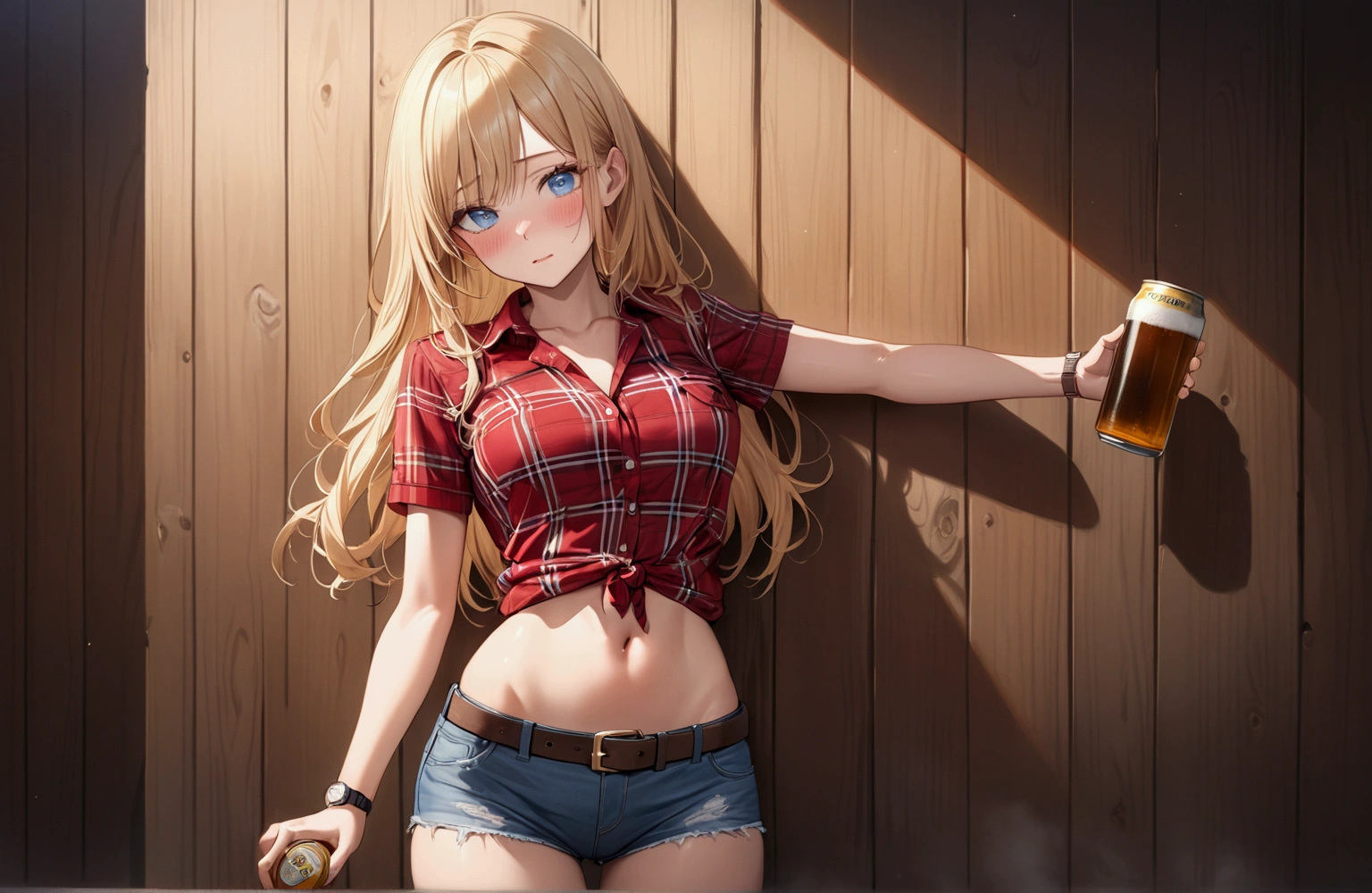 Woman with long blonde hair, blue eyes, Athletic build, Red plaid tight short sleeve collared cowgirl shirt, Watch on wrist, Navel exposed, Denim hot pants, Brown belt with oval buckle,Blushed face, Strong drunk,Embarrassing,In front of a wooden wall,can of beer,Front view,Cowboy Shot,16K, Highest quality, masterpiece, Realistic, detailed