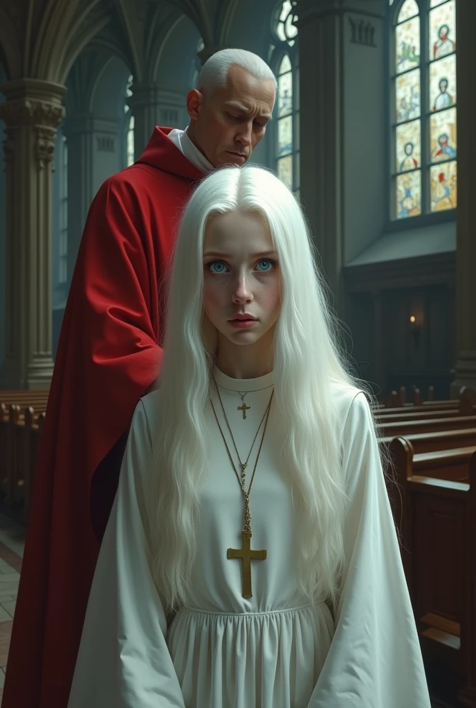 Albino girl with long white hair, From the Middle Ages, realisitic, blue eyes white nun clothes, with a cross necklace and a look of fear in the church with a red bishop behind details.