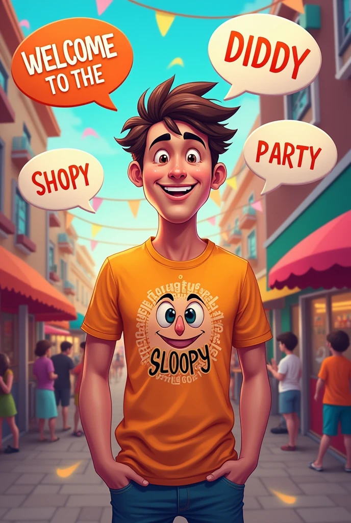 Guy with a t-shirt that says sloopy with speech bubbles that says welcome to the Diddy party