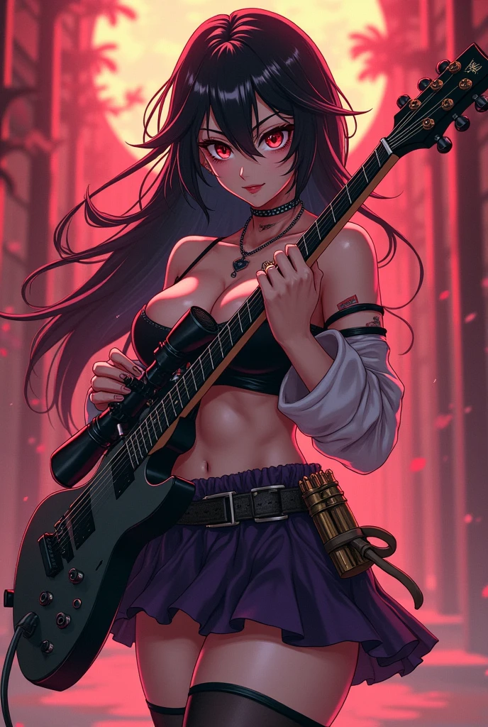 Create me an anime one with crazy aspects with a sniper guitar. And she has to have big breasts. And big thighs with samurai inspired clothes. I want it to be more anime and her guitar is a sniper and she has a leg belt to store the bullets and she has a lot of thighs even her eyes give off an aspect of madness she has pointy teeth I want to see more of a samurai outfit aspect and she has to have a hentai aspect and she wears tights. And she also has to wear something that reminds her of madness.. And her eyes have dark circles that make her sexy and she wears a skirt that covers one leg.