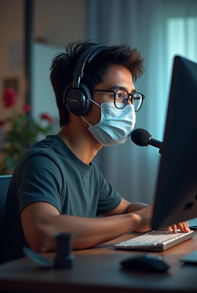 a 20 year old Indian boy sitting in desktop and use headphones and mic face mask and easy black glasses frant stay 