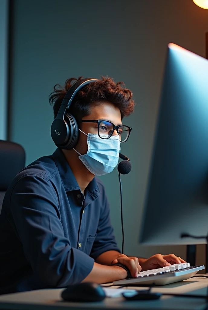 a 20 year old Indian boy sitting in desktop and use headphones and mic face mask and easy black glasses frant stay
