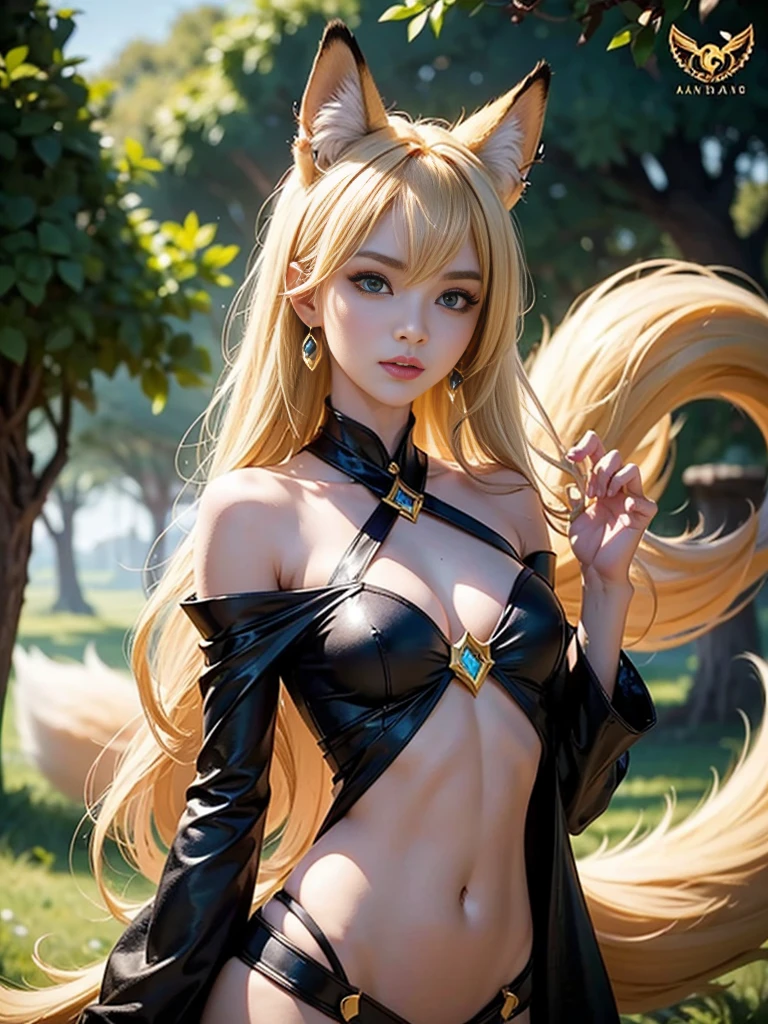 hair/and_Ants, One girl, Ants (League of Legends), chest, Animal ears, Blonde, alone, Fox Ears, hair/and (League of Legends), Long Hair, chestの谷間, tail, whishairer marhairings, loohairing at viewer, facial marhair, chohairer, large chest, Exposing shoulders, fox tail, jewelry, Yellow Eyes, Upper Body, multiple tails, bangs, Shiny, clavicle, Covered navel, Earrings
