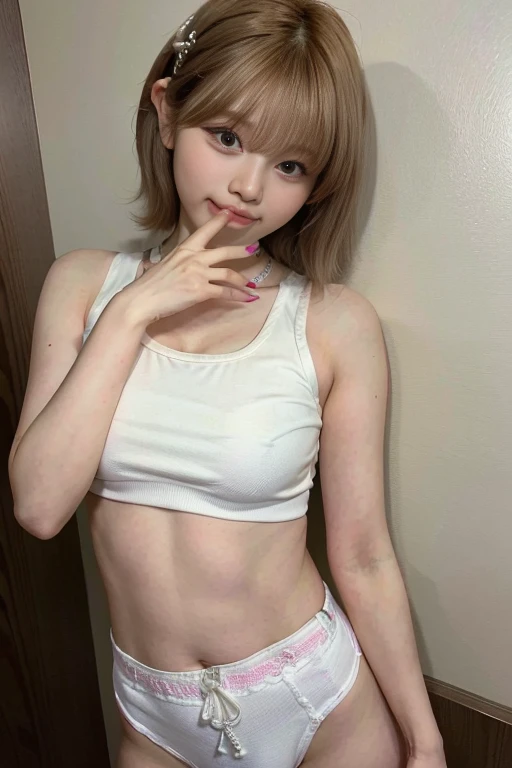 Highest quality, masterpiece, Ultra-high resolution, (Realistic:1.4), RAW Photos, Very detailed, Perfect Anatomy,
One Girl,, The most famous Japanese idols, Light yellow see-through mini tank top、Close to the skin、Detailed nipple shape、Detailed breast shape、
((Very cute face, Like a Japanese idol, Very beautiful eyes, Very beautiful skin)), Very beautiful white skin, Very beautiful arms, very beautiful fingers, とてもBeautiful thighs, Seductive look、Devilish expression、Laugh with your mouth only、Looking up、A longing look、sexy、
Spread your legs、Showing off your crotch、Lift your butt、Detailed pubic shape、Detailed groin area、Beautiful thighs、