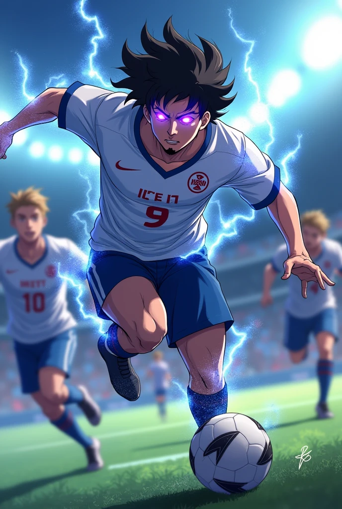 Create a football player with black wavy hair, wears a goatee and has the number 9 on his shirt, on his shirt it says ICE, he has in an action position dribbling another player shirt 10 with the name on the shirt MIT, make it in anime format, he is a serious player and he is 2, behind him there is a blurred field, His eyes glow purple and strands of energy come out, his face is the same as Sung Jin Woo's face