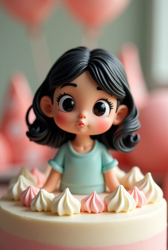 Brunette Teen Cake Topper, medium wavy black hair. Mouth pouting with a slight smile. eyes black,