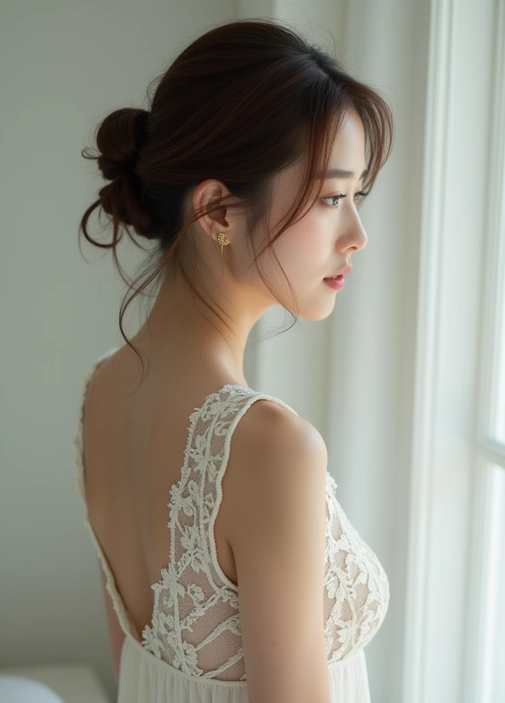 (Highest quality:1.4),(masterpiece:1.4),(Realistic:1.4),(Realistic:1.2),(超High resolution, RAW Photos:1.4),(High resolution, Very detailed:1.2),(8k:1.2),photograph,(Shot from behind:1.3)、Korean women、brown hair photos,One Woman,alone、((Updo long hairstyle))、((White,Lace nightgown:1.4)、