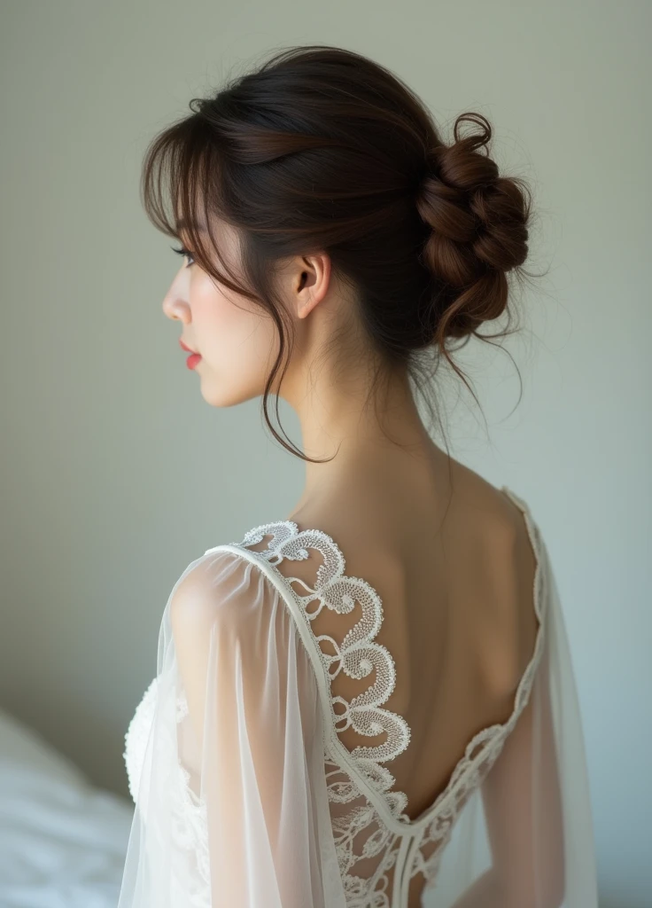 1 girl,face,curly hair, No bangs,redhead,white background、Sheer tops、good back、necklace on collarbone、Wedding Hair、Wedding dress