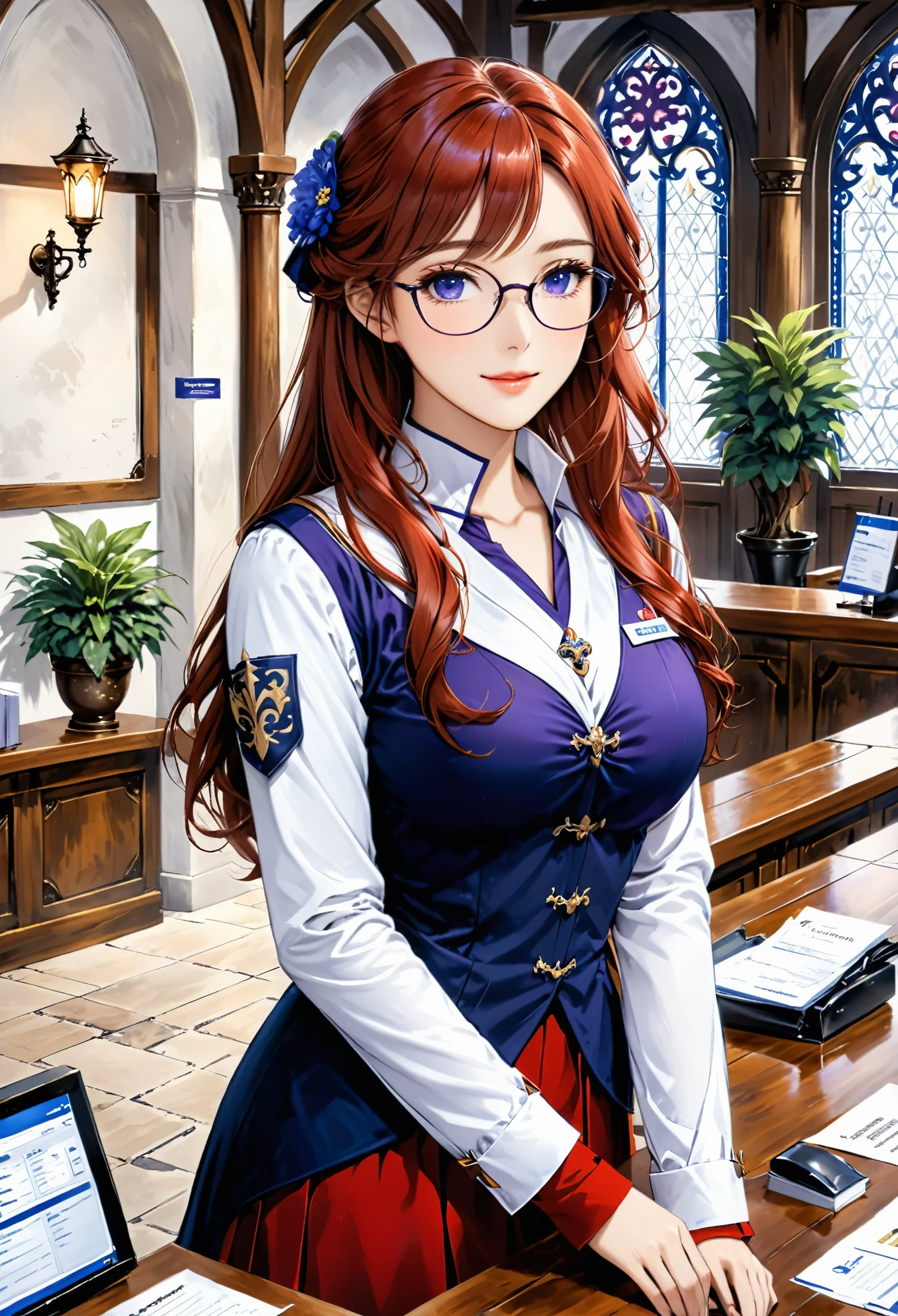 Guild girl, receptionist, ((medieval fantasy)), (another world), , red hair, wavy long hair, purple eyes, glasses, big breasts, receptionist uniform, blue and white uniform, calm atmosphere, reception counter ,analog,