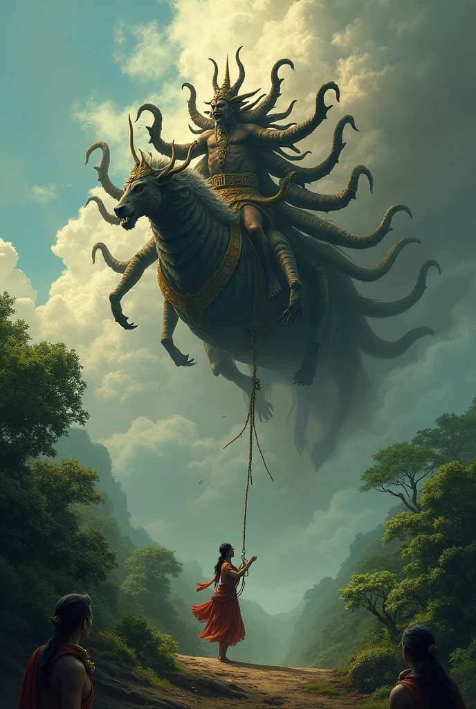 The Abduction of Sita:**
   - Create an image of Ravana the demon with ten head carrying Sita away in his flying chariot as she cries out for help. Show the vastness of the sky and the despair on Sita's face as she is taken to Lanka  