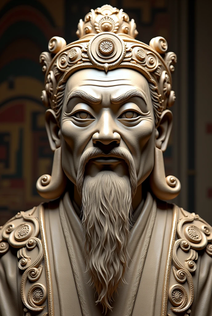 make a renaissance sculpture of Nezahualcoyotl mixed with Lao Tse, with Aztec and Chinese features, in the background a museum, HD, great detail, reality, Photography