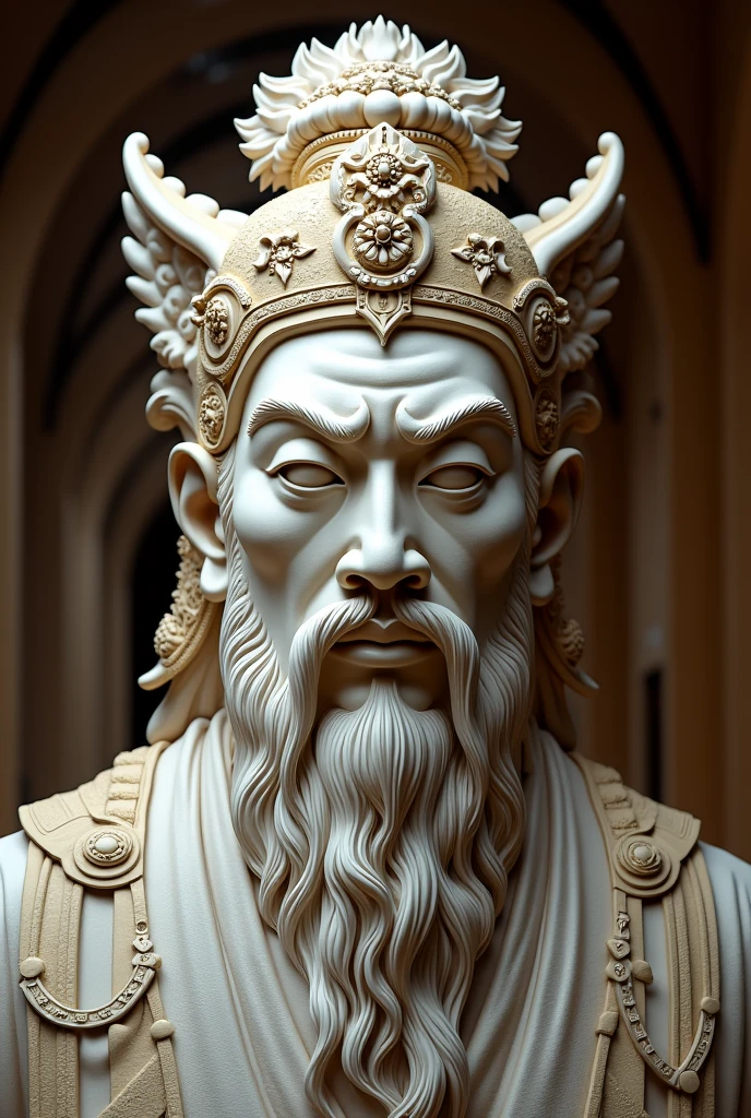 make a renaissance sculpture of Nezahualcoyotl mixed with Lao Tse, with Aztec and Chinese features, in the background a museum, HD, great detail, reality, Photography