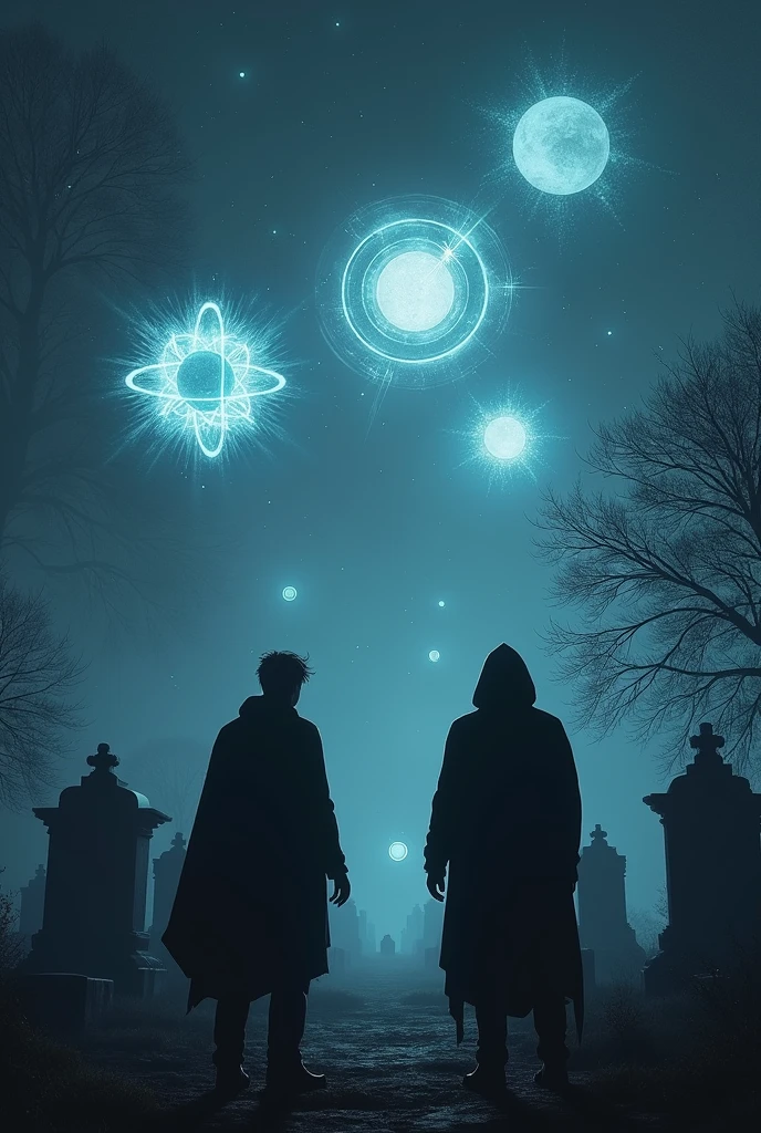 Two men one with a hood, watching from a cemetery at three holograms seen in the night sky, A hologram is shaped like an atom with its circular orbits, another hologram of a sphere with thorns coming out and the third of a planet with orbits


