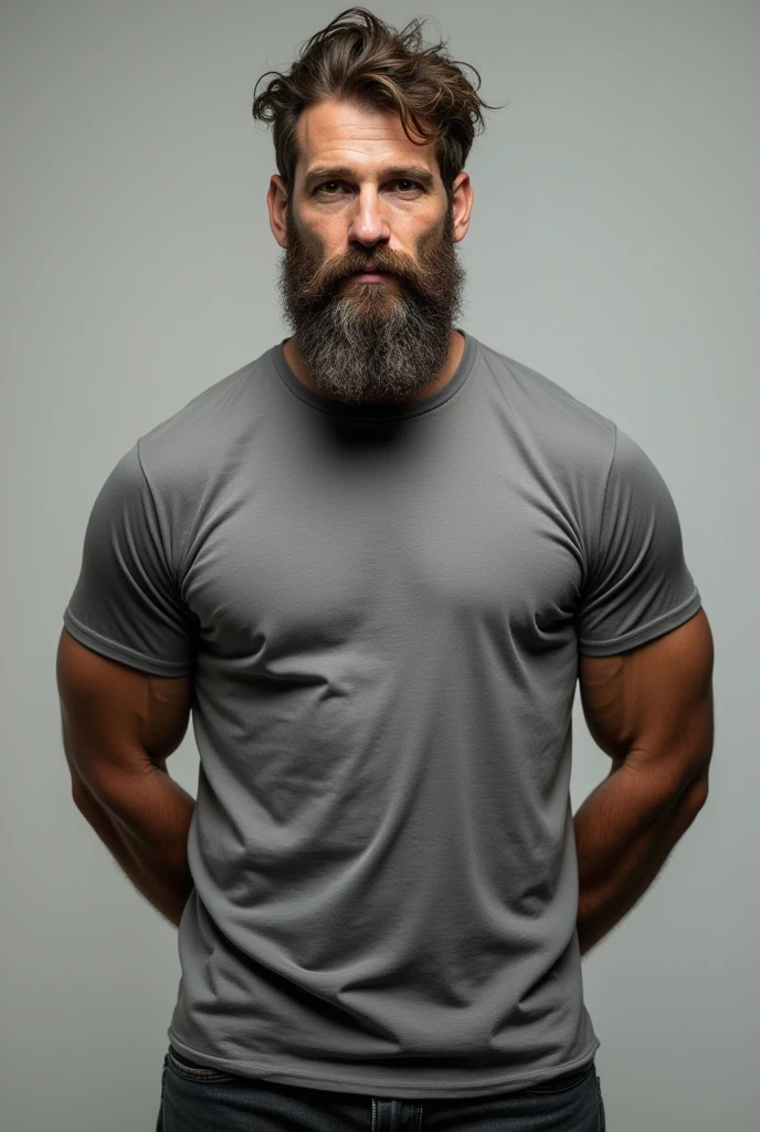 A hairy man wearing a plain t-shirt, without a button and without a pattern and gray With the arms behind the back
