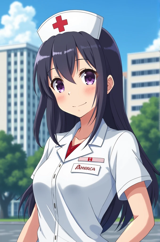 An anime of a nurse wearing a white uniform and a white blouse, and on her blouse she has the name America and in the background you can see the Lic Adolfo López Mateos hospital.
