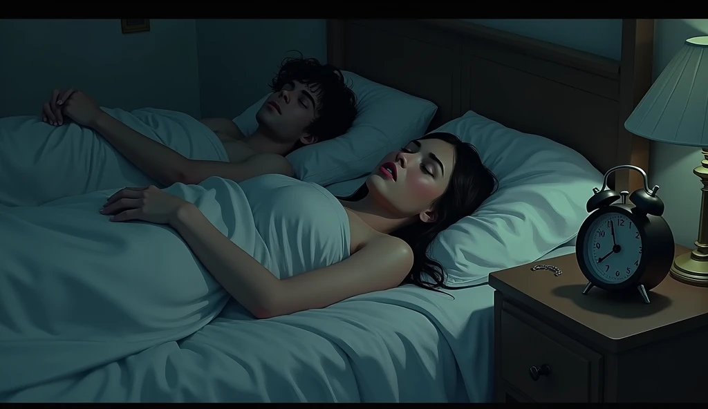 A hauntingly beautiful cinematic illustration captures the essence of a long-haired brunette woman lying in a nondescript bed, eyes wide open, lost in an ocean of unexpressed thoughts. Next to her, a sleeping man is unaware of his inner turmoil. The room is dimly lit, with soft shadows creating an eerie atmosphere. The sordid environment hints at unexpressed emotions and hidden secrets. An old alarm clock sits on the bedside table, its ticking punctuating the calm of the scene. This powerful image evokes a deep feeling of melancholy and unease., photo, cinematic, illustration