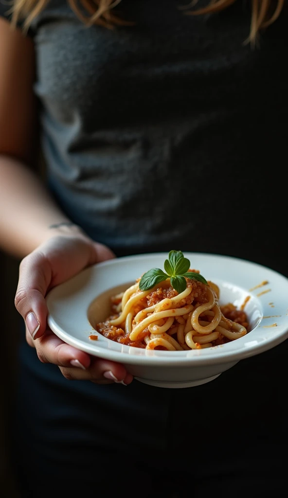 Only a girl hand holding an empty bowl with only a little sauce and crumb left in the food truck very realistic 8k resolution
