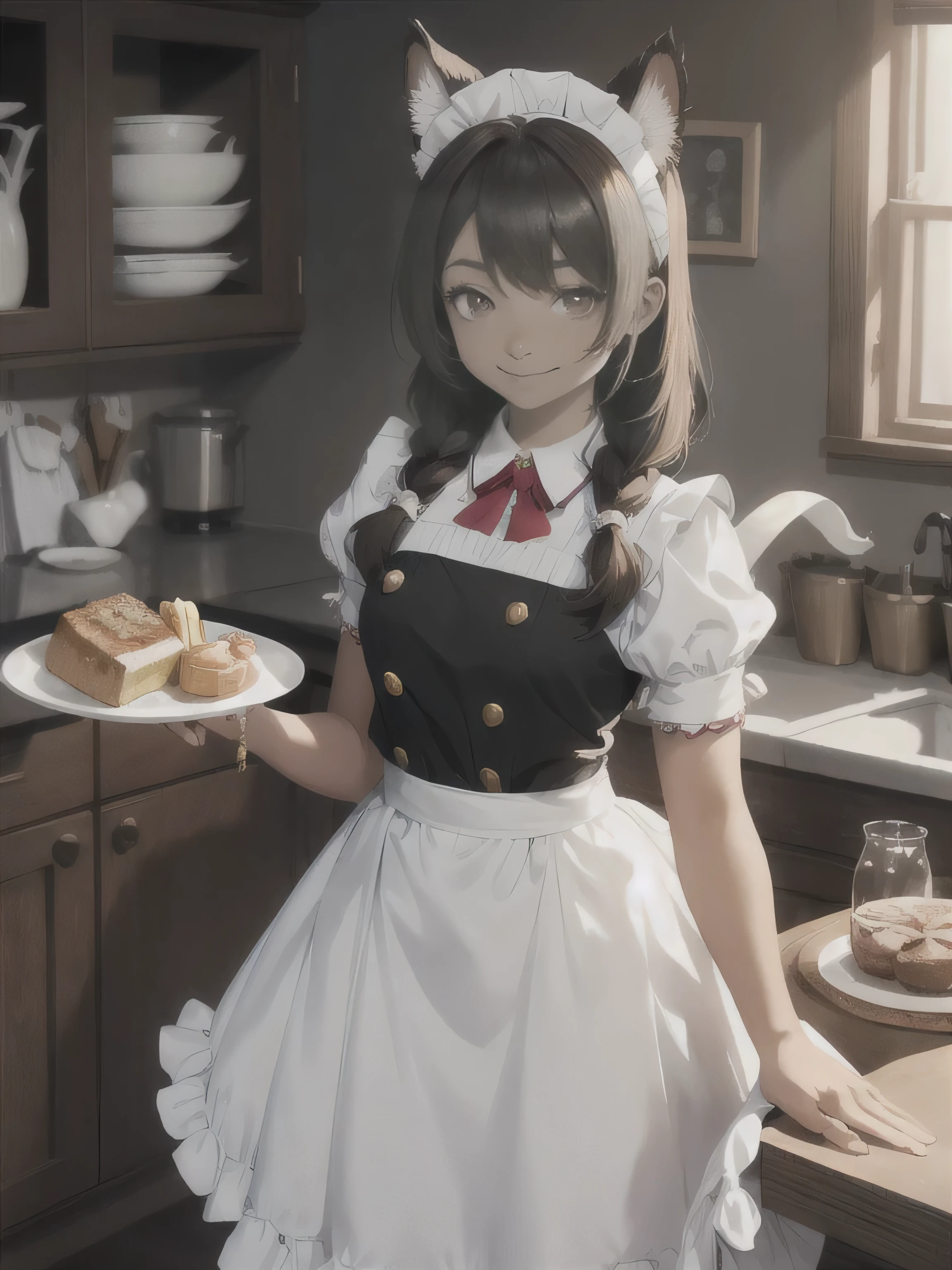 "Create a young maid named Trisha, who serves in the noble Troyard family. She has long, flowing brown hair, neatly tied back, and soft brown eyes that radiate kindness. Trisha wears a classic black and white maid outfit with a white apron and a small, frilly headpiece. She has distinctive, adorable dog ears on her head and a fluffy, matching tail, both the same brown color as her hair, making her look endearing and unique. Trisha is depicted with a gentle, welcoming smile, highlighting her warm and caring personality. She is standing in an elegant, well-lit room, holding a tray, embodying her role as a devoted and cheerful maid, with her dog ears and tail adding a charming, playful touch."