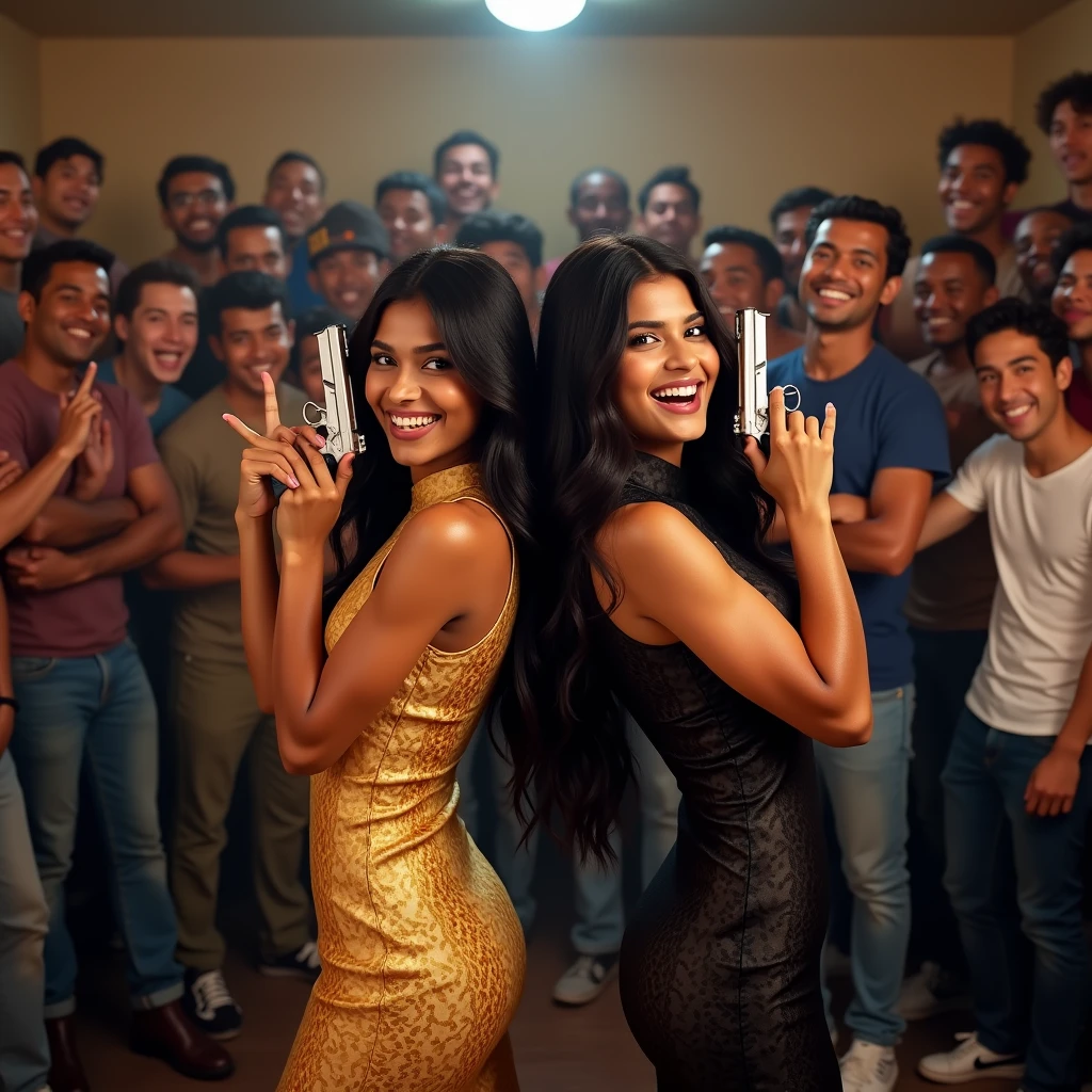 wide depth of field, wide depth of focus, f/11 lens setting, all objects in focus, full color image, 2 laughing Indian women standing back to back, posing with pistol held strait up by face, looking at camera ,large fraternity house game room, full body image, (satin cheong sam dresses) (one gold pattern, one black pattern), women posing with a pistol held up by face, one girl makes peace sign with hand, long flowing hair (one raven haired, one brunette) , confidant smile, pure form, intricate details, 8K post-production, high resolution, super detailed, Popular topics on Artstation,, Studio photos, intricate details, Very detailed, she stands in the middle of the room and she is surrounded by a large (all male) group of cheering young men wearing jeans and t-shirts who are all standing in the background