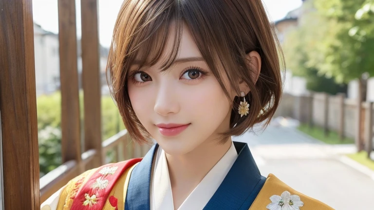 (8k, RAW Photos, Highest quality:1.2), (reality, reality的:1.4), (非常に詳細な8kwallpaper)、Sharp focus, Cinema Lighting, 細部までBeautiful Eyes, Asymmetrical bangs, Glowing Skin, Highly detailed skin ,High resolution, Attention to detail, Detailed hairstyle, Detailed beauty face, Hyper Real, Perfect limbs, Perfect Anatomy ,1 Japanese girl,Famous idols of Japan, Perfect female body,smile,short eyelashes,double eyelid、Look straight here,Stand up straight and face me, whole body ,,look straight at me,Streets of Europe、Tabletop、wallpaper、reality的、Bright lighting、Professional Lighting、Face Light Smooth Lighting、Japanese women、Adult、Beautiful woman、action、gravure、Sexy、so beautiful、Beautiful Skin、Beautiful and detailed、Detailed face、slim、moderately、((short hair))、((Brunette Hair))、Brown eyes、Looking into the camera、Small Bust、Pretty face,, smile,, 超High resolution, Backlight,whole body、Accurate 5 fingers, software , Bony body, Japanese women, One person, Perfect body, 超Detailed face, Detailed lips, Beautiful Eyes, double eyelid, Light brown hair, Asymmetrical hair, Asymmetrical bangs, Messy Hair,(High-quality kimonos in vibrant colors:1.3), (Gorgeous embroidered kimono:1.3)、Wide-angle lens、Porch Rate