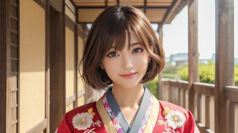 (8k, RAW Photos, Highest quality:1.2), (reality, reality的:1.4), (非常に詳細な8kwallpaper)、Sharp focus, Cinema Lighting, 細部までBeautiful Eyes, Asymmetrical bangs, Glowing Skin, Highly detailed skin ,High resolution, Attention to detail, Detailed hairstyle, Detailed beauty face, Hyper Real, Perfect limbs, Perfect Anatomy ,1 Japanese girl,Famous idols of Japan, Perfect female body,smile,short eyelashes,double eyelid、Look straight here,Stand up straight and face me, whole body ,,look straight at me,Streets of Europe、Tabletop、wallpaper、reality的、Bright lighting、Professional Lighting、Face Light Smooth Lighting、Japanese women、Adult、Beautiful woman、action、gravure、Sexy、so beautiful、Beautiful Skin、Beautiful and detailed、Detailed face、slim、moderately、((short hair))、((Brunette Hair))、Brown eyes、Looking into the camera、Small Bust、Pretty face,, smile,, 超High resolution, Backlight,whole body、Accurate 5 fingers, software , Bony body, Japanese women, One person, Perfect body, 超Detailed face, Detailed lips, Beautiful Eyes, double eyelid, Light brown hair, Asymmetrical hair, Asymmetrical bangs, Messy Hair,(High-quality kimonos in vibrant colors:1.3), (Gorgeous embroidered kimono:1.3)、Wide-angle lens、Porch Rate
