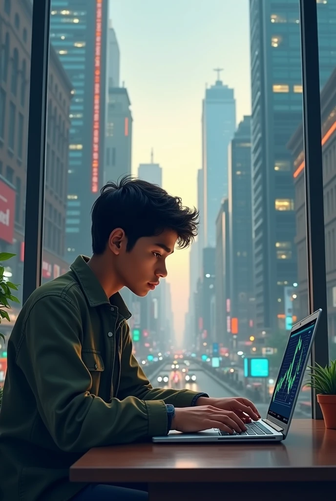 A indian boy do the trading in share market with laptop