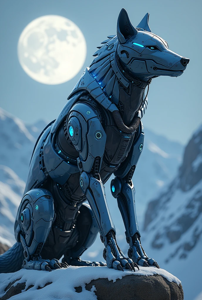 Create an image of a mechanical wolf with intricate armor plating, The whole body is made of steel, cables, mechanical parts, reactors. glowing blue accents, positioned on a snowy mountain sitting on a rock during a full moon night. The wolf must have a strong stance, radiate power and futuristic technology. Cyber, cyberpunk, Mechanical animals, future animal robots