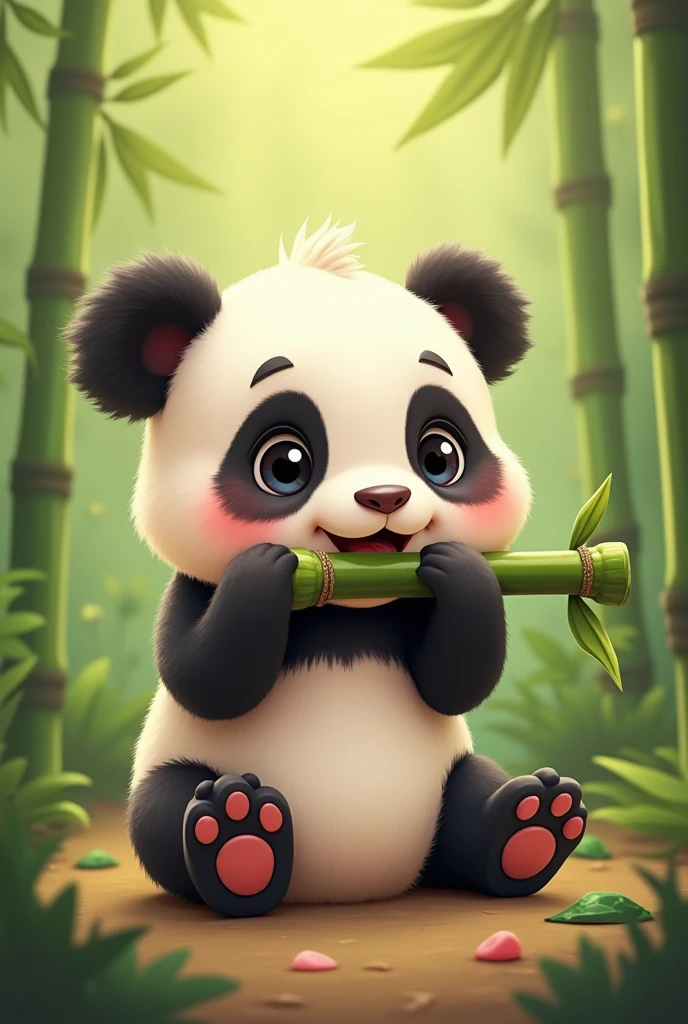 I need you to design me an animated image of a cute baby panda sitting down, happy biting a bamboo branch (This must be an eco-friendly speaker) Frontal shot where you can see that he is biting the bamboo