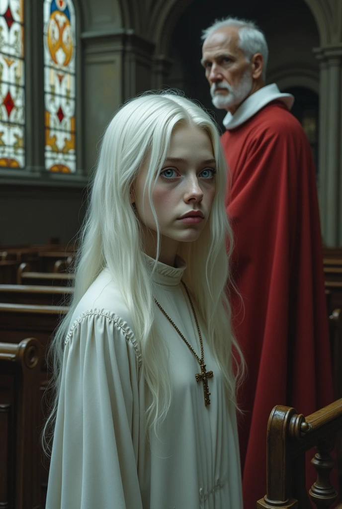 Albino girl with long white hair, From the Middle Ages, realisitic, blue eyes white nun clothes, with a cross necklace and a look of fear in the church with a red bishop behind details.