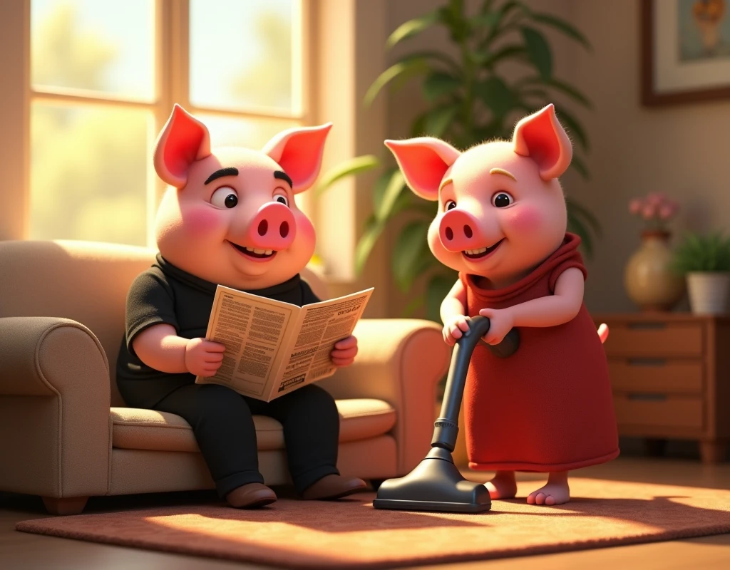 pixar style, 3d, 2 pigs, 1 cute father pig is on the left wearing black shirt and black pants is sitting on the couch reading newspaper and on the right is 1 cute mother pig wearing long red dress is using the vacuum cleaner to clean the carpet, both are smiling and looking to the right, game button art, Game illustration, lovely digital painting, artstation for kids art, Official artwork, key art, mobile game art, cover game art, zootopia concept art, (soft lighting:1.3), (green and earthy color scheme:1.3), (highly detailed), (ultra quality:1.3), (masterpiece), (digital art), 8K resolution, HDR, depth of field, (soft shadows), (photorealistic:1.3), (animation:1.2), (by Greg Rutkowski:0.9), (in the style of Alphonse Mucha), trending on ArtStation, award-winning art, 3d style