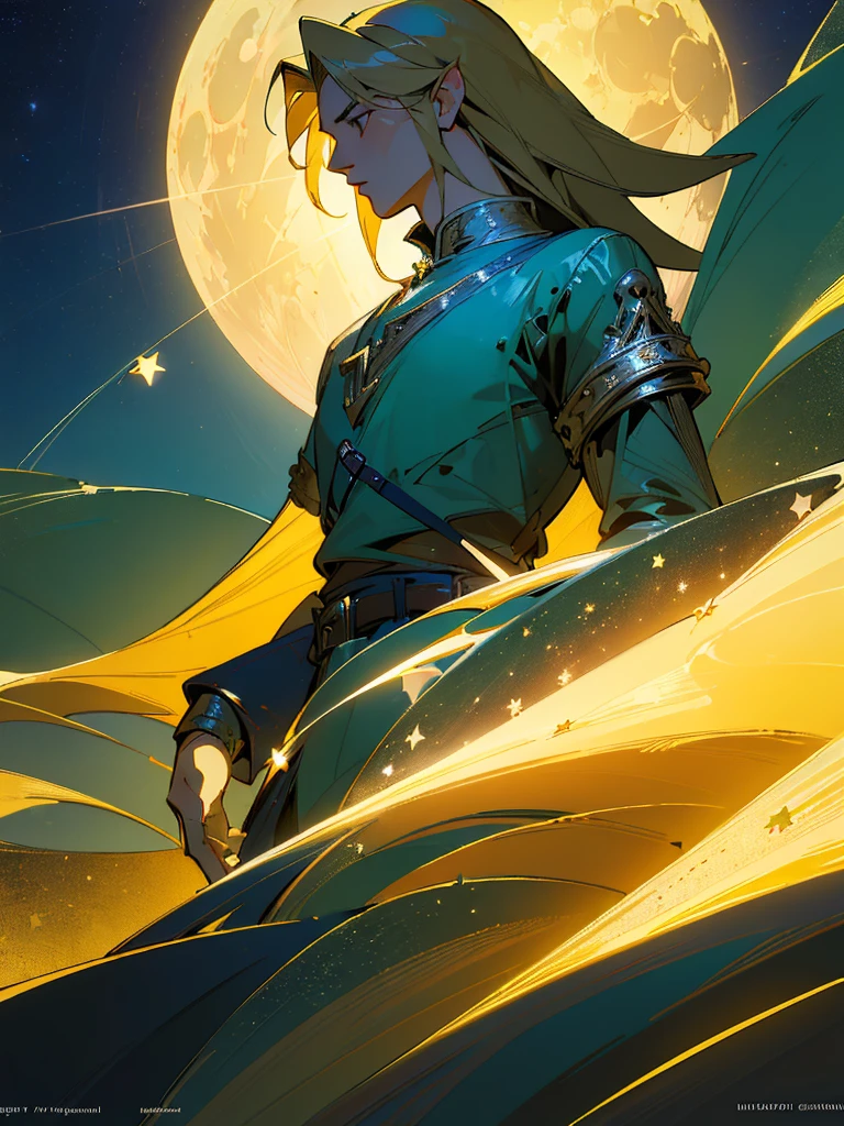 (masterpiece,top-quality,top-quality,Detailed and complex,official art,aesthetically pleasing:1.3),(male),(Link),(realistic art:1.3),(Long haired blonde hair),(moon,stars,celestial,fantasy,cinematic lighting,background),chiaroscuro,intricate details,striking composition,elegant,regal,mesmerizing