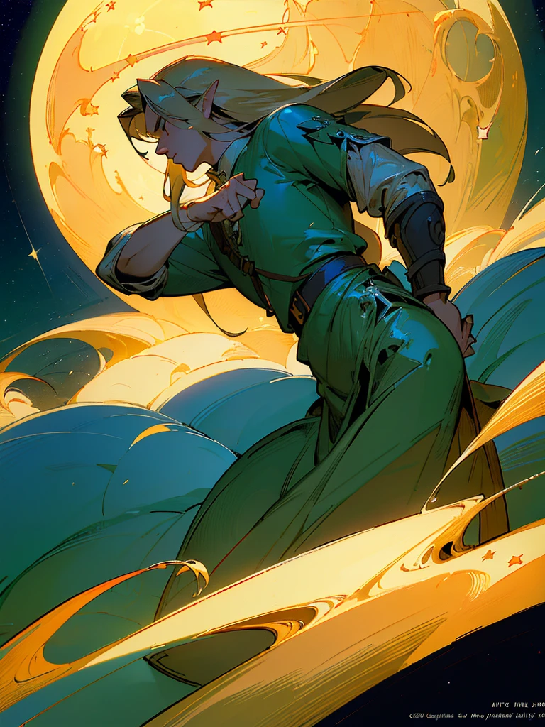 (masterpiece,top-quality,top-quality,Detailed and complex,official art,aesthetically pleasing:1.3),(male),(Link),(realistic art:1.3),(Long haired blonde hair),(moon,stars,celestial,fantasy,cinematic lighting,background),chiaroscuro,intricate details,striking composition,elegant,regal,mesmerizing