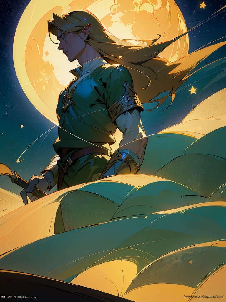 (masterpiece,top-quality,top-quality,Detailed and complex,official art,aesthetically pleasing:1.3),(male),(Link),(realistic art:1.3),(Long haired blonde hair),(moon,stars,celestial,fantasy,cinematic lighting,background),chiaroscuro,intricate details,striking composition,elegant,regal,mesmerizing