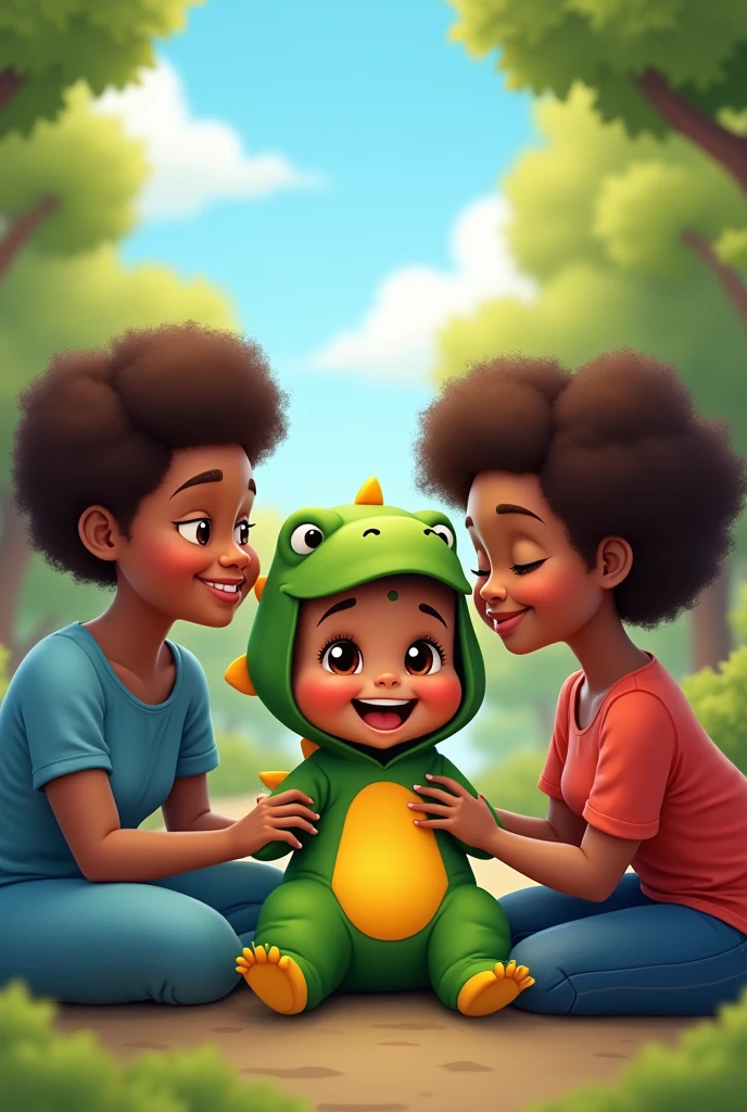 - **Baby Dinosaur Dress**: a brown-skinned baby, Grinning, dressed in a green dinosaur costume with yellow details.
- **Two brunette moms**: Two dark-skinned women, Grinning e olhando carinhosamente para o bebê.
- **Mom 1**: curled hair, wearing a blue dress.
- **Mommy 2**: curled hair e curto, wearing a red blouse and jeans.
- **Scenario**: A park with some trees in the background and a blue sky
