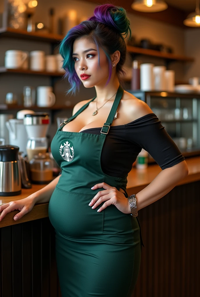 Cool beauty，Looks sweet，(updo, purple and green hair), only wearing dark green starbucks apron, off-shoulders, show clavage, show big thigh, plump body, huge breast, full body photo, standing pose. Side view. In coffee shop