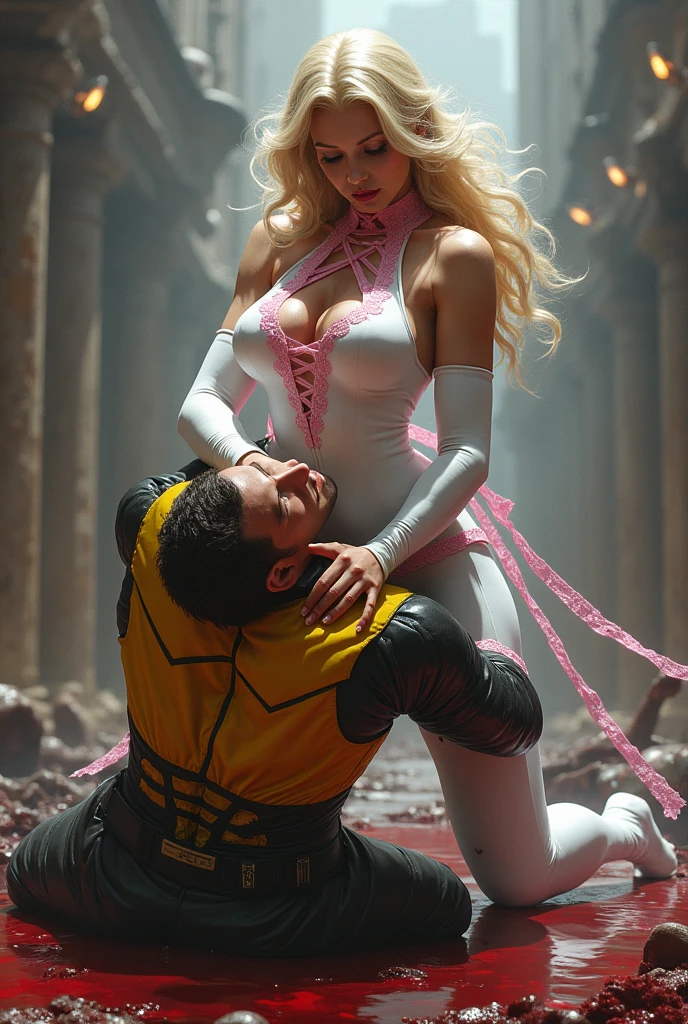 Super strong blond haired villainess in a white skintight costume wrapped with pink lace ribbons. Throat lifting a hero clad in a yellow and black costume being slowly choked to death. Lots of blood and bodies.