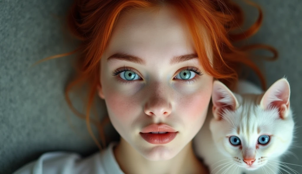 raw photo in UHD RAW format, (taking selfies, aerial view: 0,9), (straight half of the torso: 1,0). A 20 year old girl with a bun, natural red hair and blue eyes, parted lips. [ hyper-realistic texture ], [ hyper-realistic skin texture ], good lighting. fine-details, olhos e rosto extremamente symmetrical, extremely detailed, symmetrical, sharp piercing eyes. a white cat
