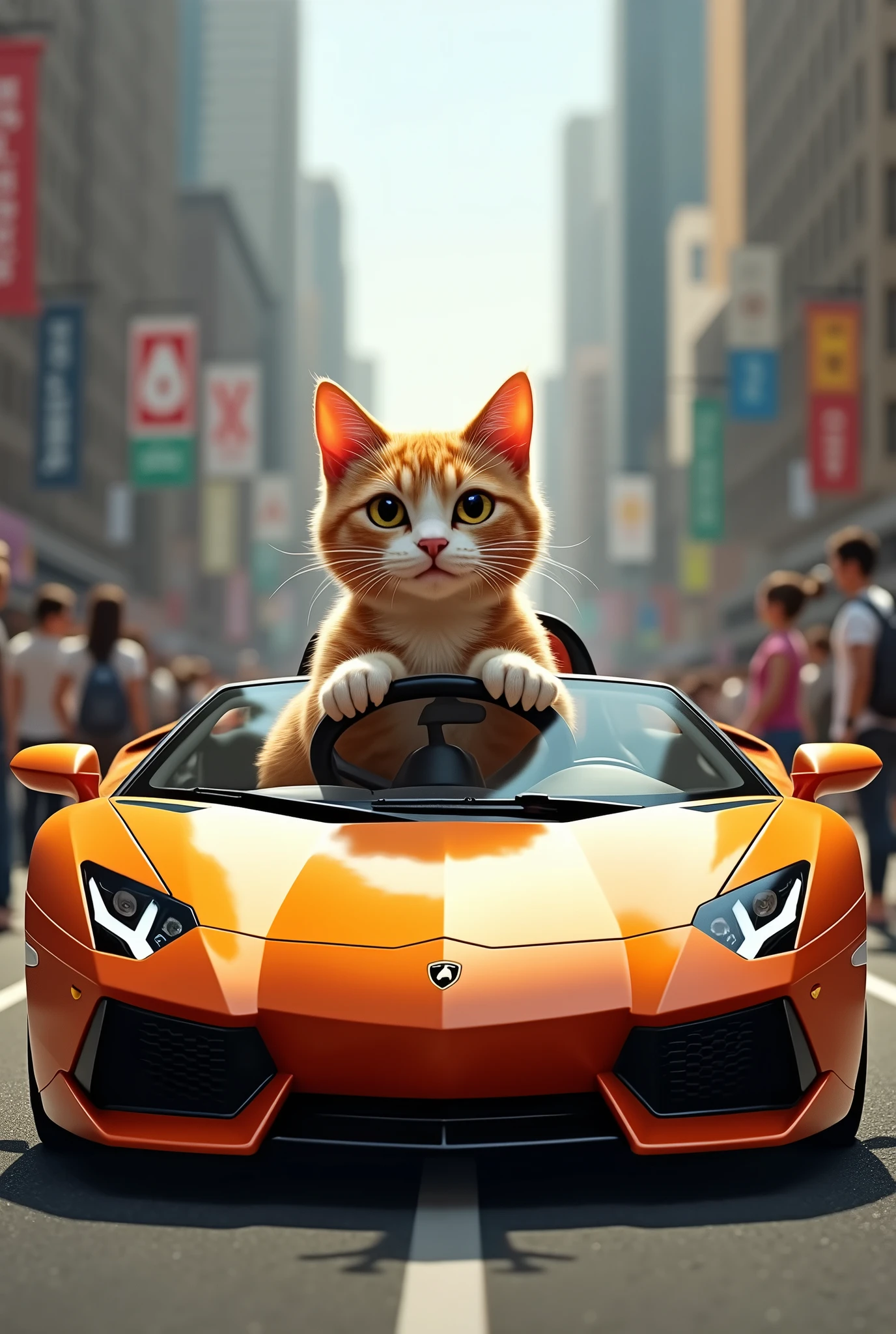 A cat driving a Lamborghini 
