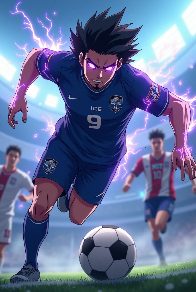 Create a football player with black wavy hair, wears a goatee and has the number 9 on his shirt, on his shirt it says ICE, he has in an action position dribbling another player shirt 10 with the name on the shirt MIT, make it in anime format, he is a serious player and he is 2, behind him there is a blurred field, His eyes glow purple and strands of energy come out, his face is the same as Sung Jin Woo&#39;s face