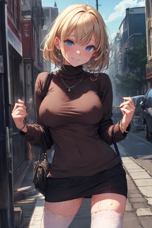 (NSFW)、((Highest quality、Very detailed、Beautiful lighting、Very detailed顔、Detailed eyes、Depth of subject、Prime Lenses、masterpiece))、(Blonde、Blue Eyes、short hair、Wavy Hair、hairpin、Earrings、necklace、bracelet)、(Beautiful legs、Large Breasts)、(((white tight sweater、turtleneck、Black Stockings、High heels)))、((Sweating profusely、Wet))、(((Body odor)))、(Detailed Background、London cityscape、Full body photo、A scene from a movie)、The best smile、((Sweat stains))、Black panties